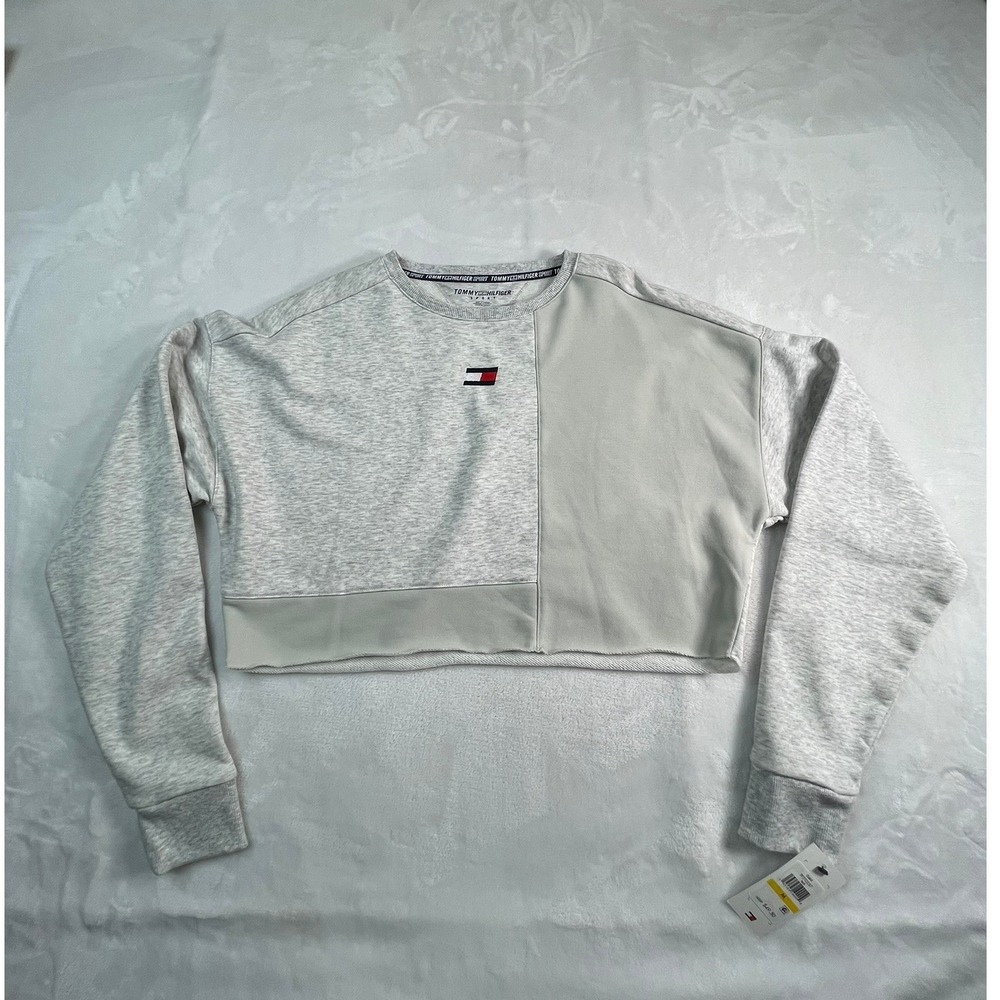 Tommy Hilfiger Womens M Sport Crop Top Sweatshirt Heather Gray‎ Blocked Design